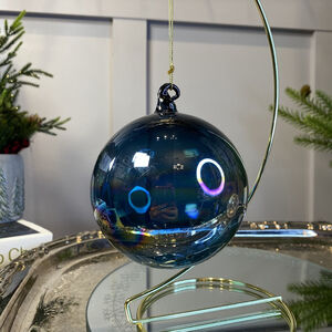 Set If 2 Hand Blow Blue Iridescent Glass Ball Christmas Ornament 4” Gorgeous
